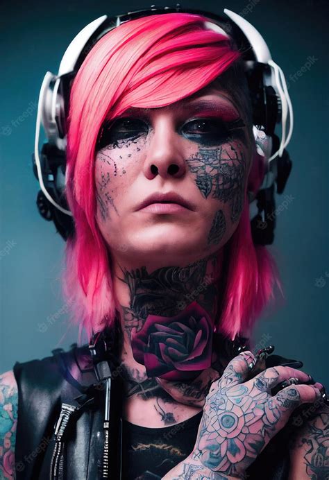 premium photo realistic portrait of a fictional punk girl with headphones and pink hair