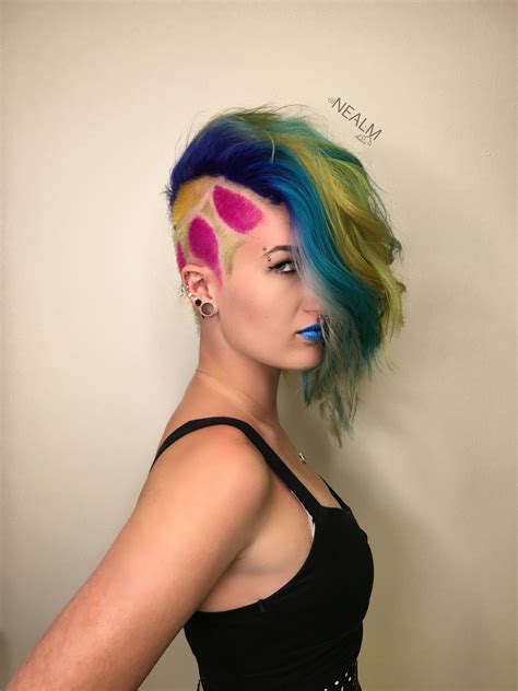 Flower Side Shave Undercut Rainbow Mermaid Hair Color Blue Pink And