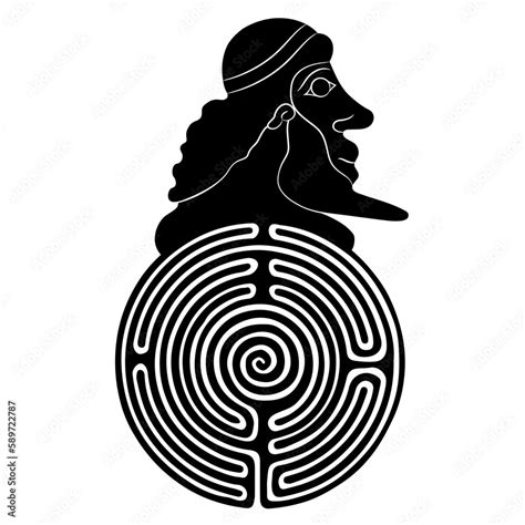 Round Spiral Maze Or Labyrinth Symbol With Bearded Human Head Theseus