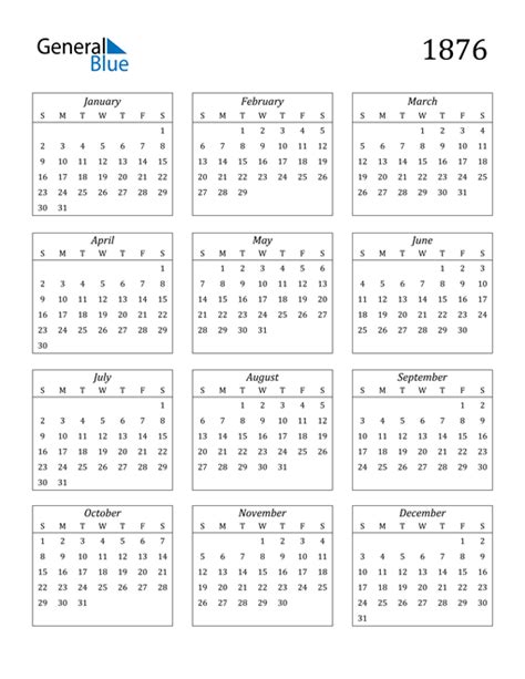 1876 Calendar Pdf Word Excel