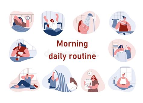 woman is doing her morning routine set of vector illustrations in flat style stock vector