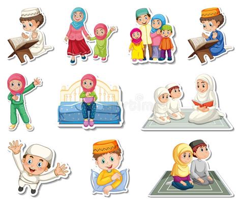 Sticker Set Of Islamic Religious Symbols And Cartoon Characters Stock