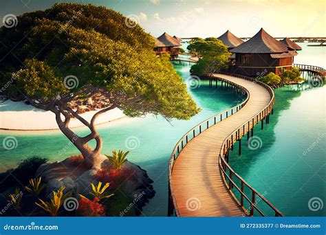 Winding Wooden Walkways Leading To Water Houses On Maldives Tropical