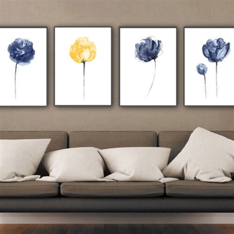 Navy Flower Set 4 Peony Flowers Blue Wall Decor Abstract Etsy