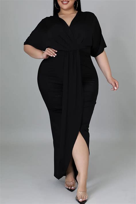 Black Sexy Solid Patchwork Asymmetrical V Neck Straight Plus Size