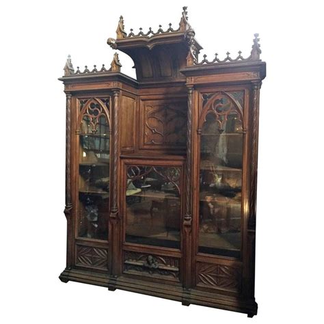 Very Impressive Gothic Revival Carved Mahogany Bookcase For Sale At