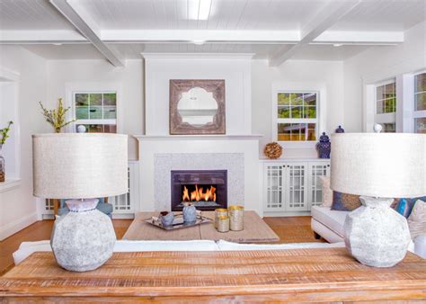 White Transitional Living Room With Stone Lamps Hgtv