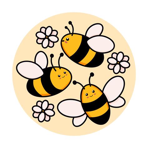 Cute Set Of Bees In A Round Frame Vector Illustration In Doodle Style