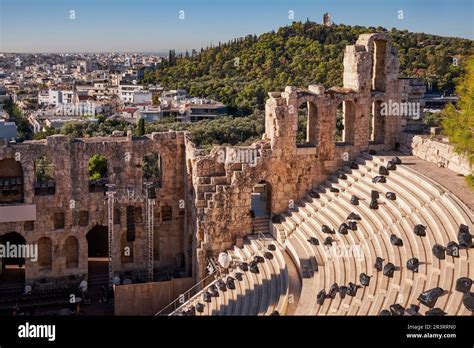 Odeon Of Herodes Atticus Stone Roman Theatre Located On The Southwest