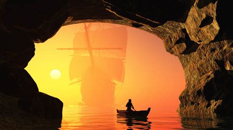 Sunset Boat Into The Cave Wallpapers And Images
