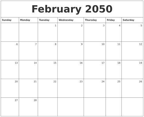 February 2050 Monthly Calendar