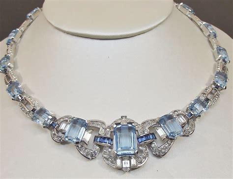 Mazer Art Deco Aqua Rhinestone Necklace And Ear Clips Vintage Jewelry