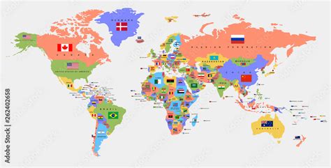 Color World Map With The Names Of Countries And National Flags