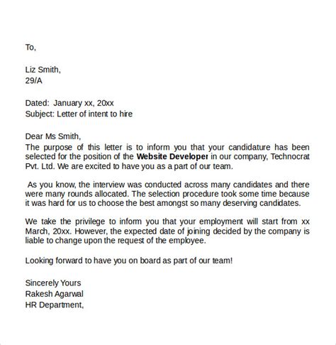 Letter Of Intent To Hire Template