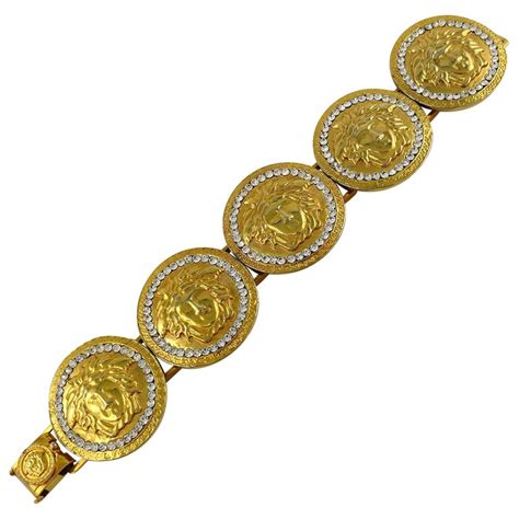Gianni Versace Vintage Iconic Gold Toned Medusa Crystal Bracelet For