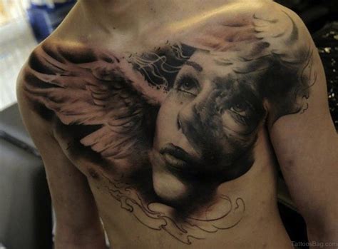 This tattoo looks beautiful and courageous. 86 Graceful Angel Tattoos For Chest
