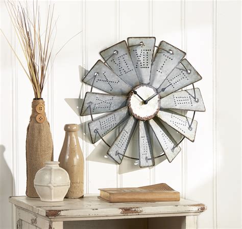 Metal Windmill Wall Clock With Distressed Finish And Roman Numerals