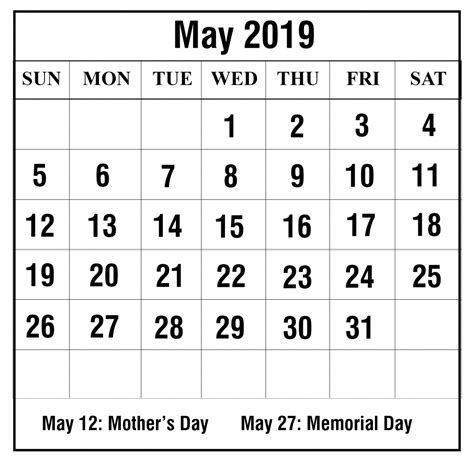 Printable May 2019 Calendar With Holidays Pdf Excel Word