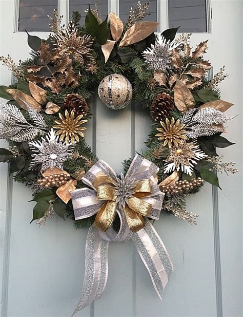 Silver And Gold Christmas Wreath / Enchanting Indoor Outdoor Faux