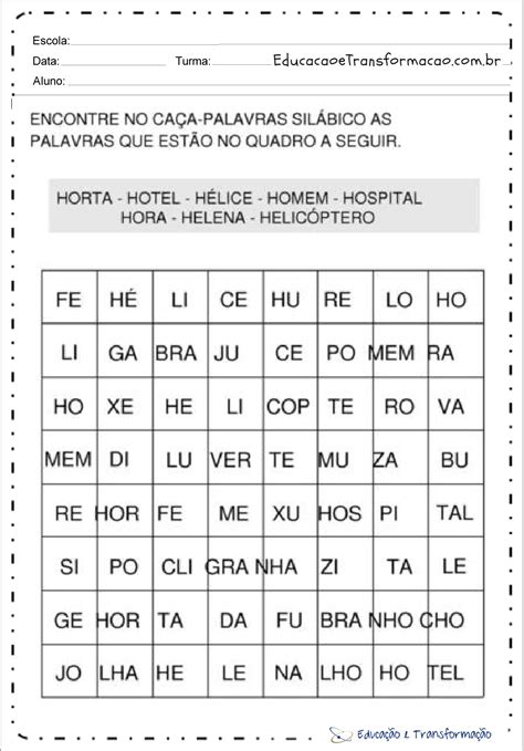 Atividades a letra H Caça Palavras Educação e Transformação