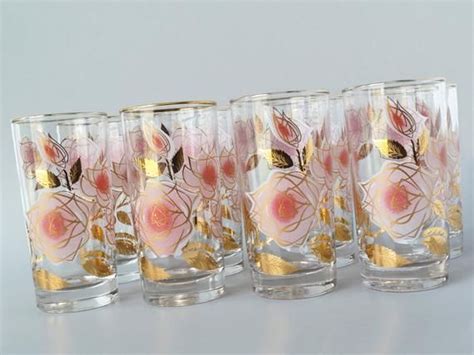 Vintage Libbey Pink Roses Gold Leaves Tumblers 1950s Libbey Drinking Glasses Set Of 8
