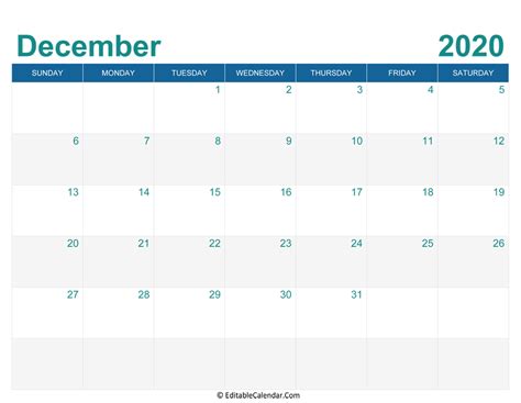 December 2020 Editable Calendar With Holidays