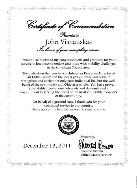 Certificate Of Commendation From Us Senator Sherrod Brown 2011