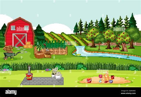 Farm Scene With Red Barn In Field Landscape Stock Vector Image And Art