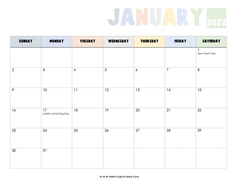 20 January 2022 Calendar Printable Pdf Us Holidays Blank Free