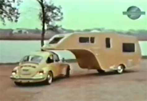 Vintage 5th Wheel Travel Trailer Towed By A Vw Bug In