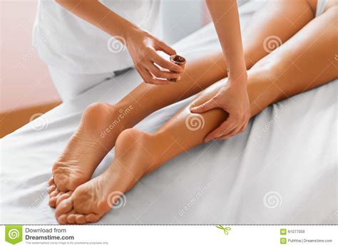 Spa Woman Close Up Of Woman Getting Spa Treatment Legs Massage Stock