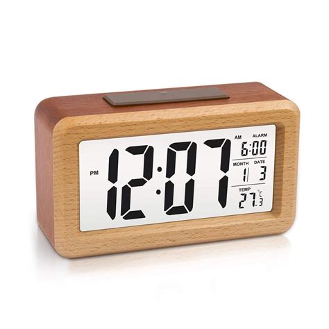 Wooden Digital Alarm Clock Intelligent Sensor Night Light With Snooze