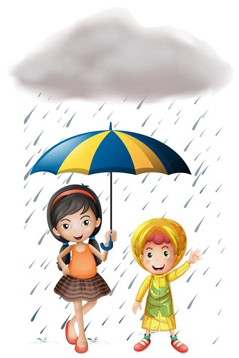 Two Kids With Umbrella And Raincoat In The Rain 368385 Vector Art At