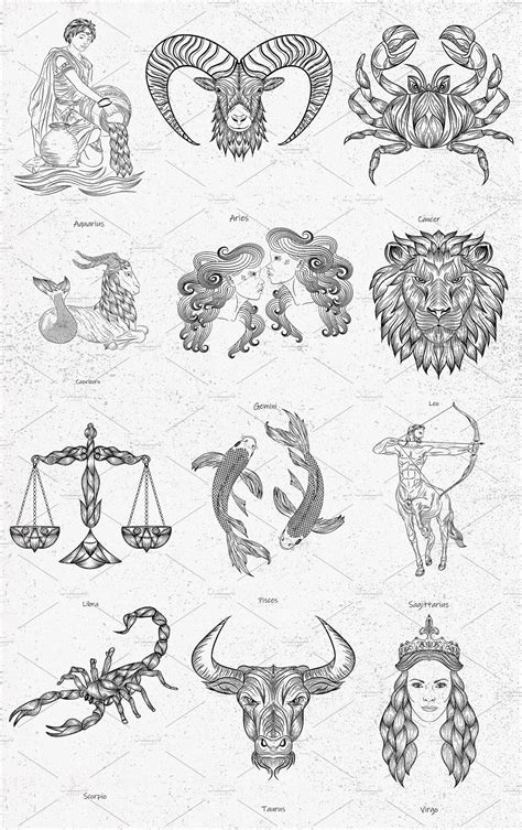 Zodiac Signs Vintage Illustrations Zodiac Signs Symbols Virgo Tattoo