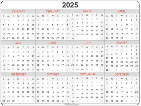 Free Printable Yearly Calendar 2025