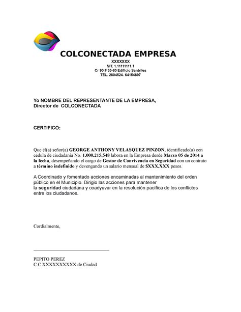 Carta Certificacion Laboral Colconectada Empresa Xxxxxxx Nit Cr