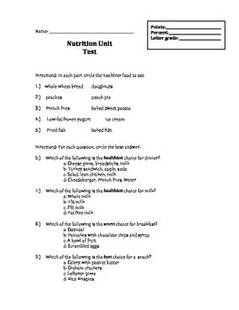 Nutrition Unit Test with Answer Key by Miss Amanda's Primary Resources