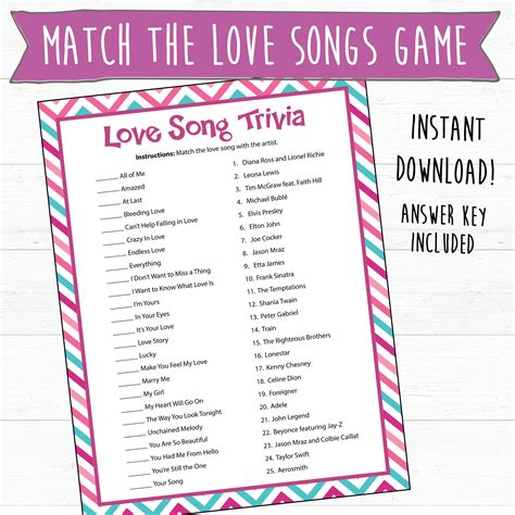 Love Songs Matching Game Instant Download Love Song Trivia Etsy In 2021 Valentines Games