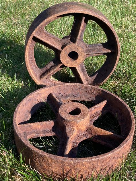 Pair Of Small Antique Cast Iron Wheels As Found Industrial Steampunk