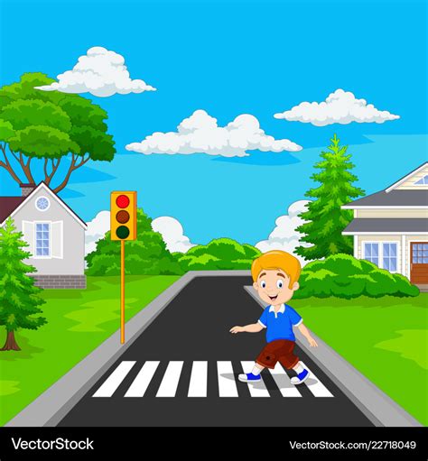 Cartoon Boy Walking Across The Crosswalk Vector Image