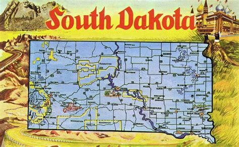 Large Tourist Illustrated Map Of South Dakota State South Dakota