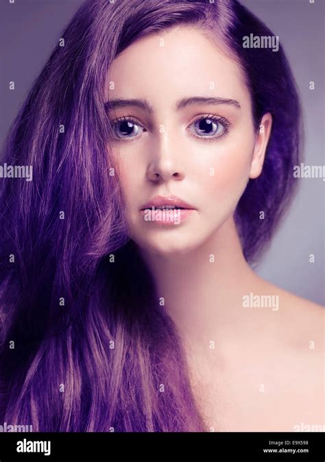 Cute Young Woman Face With Big Sad Eyes And Long Purple Hair Stock