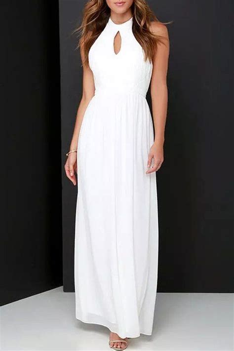 Solid Color Halter Sleeveless Pleated Maxi Dress Ivory Maxi Dress