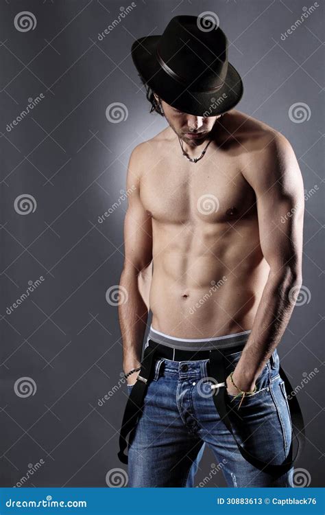 Studio Shot Of A Shirtless And Muscular Model Stock Image Image Of Attractive Backdrop