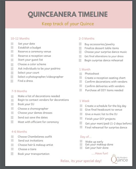 Printable Quinceanera Checklist
