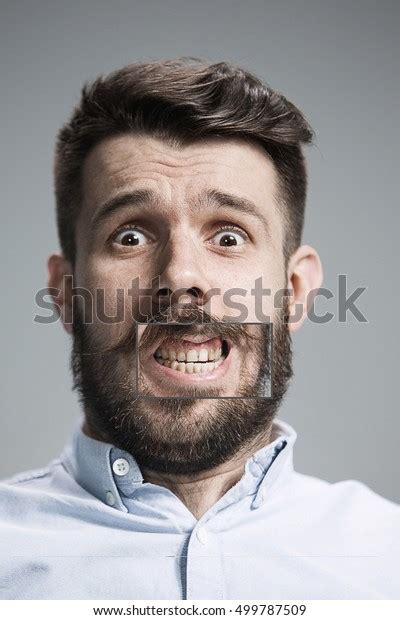 Portrait Young Man Shocked Facial Expression Stock Photo 499787509
