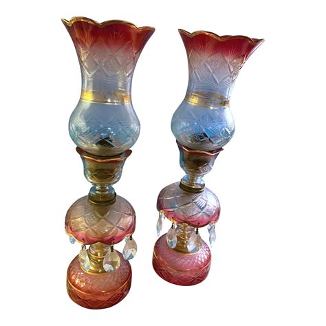 Early 1900s Ruby Red Etched Glass Lamps A Pair Chairish