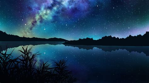 1600x900 Resolution Amazing Starry Night Over Mountains And River