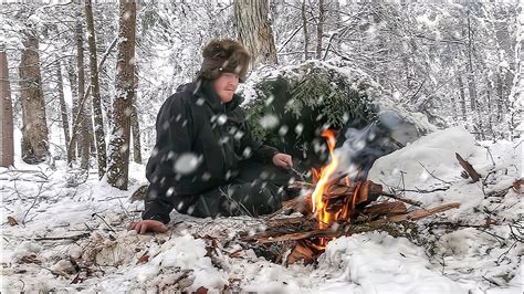 Winter Camping In Deep Snow Snowstorm And Bushcraft Build Survival