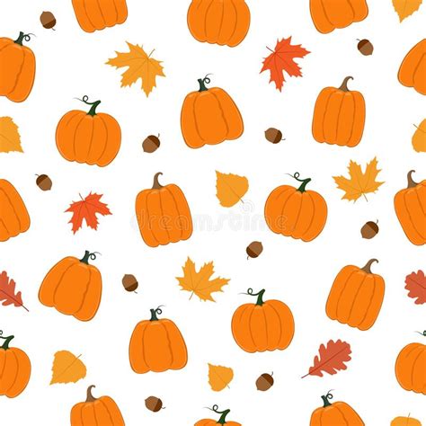 Autumn Seamless Pattern Pumpkins Leaves Acorns On White Background